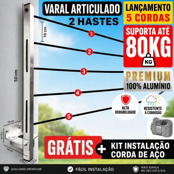 Varal de Roupa de Parede Retrátil para Sacada Até 80kg