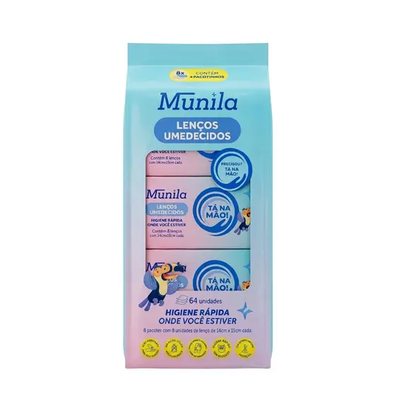 Lenço Umedecido Higiene Mão Rosto Sem Álcool Munila 64un