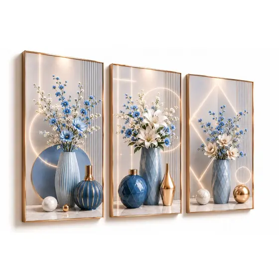 Quadros Decorativos 3 Peças Para Sala Quartos Vasos De Flores Tons Azul Geométricos Abstratos Modern