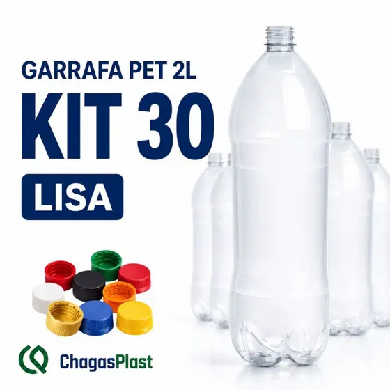 Kit 30 Garrafas PET 2 Litros Lisa Com Tampa PCO 28mm Atacado Para Sucos Bebidas Água e Líquidos - 2L