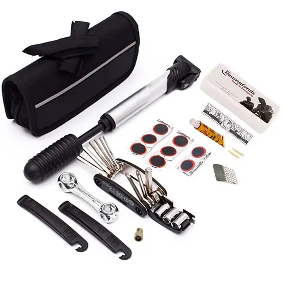 Kit de Ferramentas para Bicicleta - Chaves, Bomba de Ar, Remendos e Bolsa de Quadro