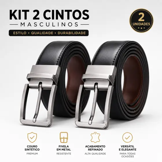 KIT 2 Cintos Masculino Em Couro Ajustável Otimizado E Reforçado