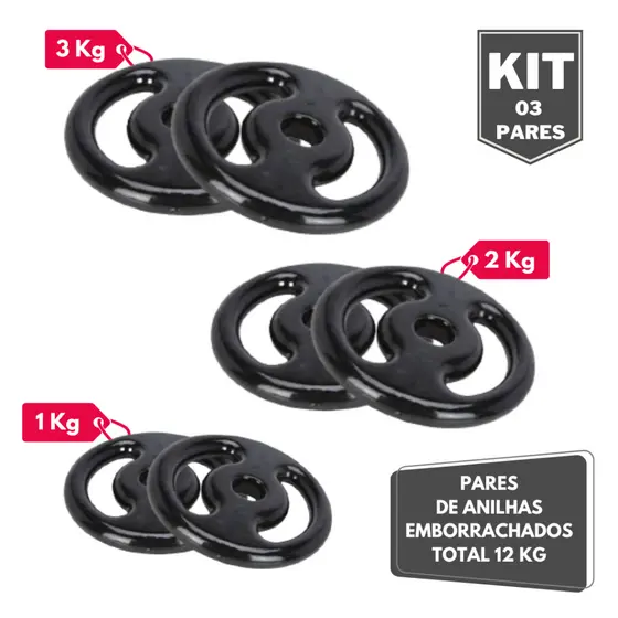 Kit Par Halter Anilha Emborrachado 1 2 e 3 Kg - Total 12 Kg