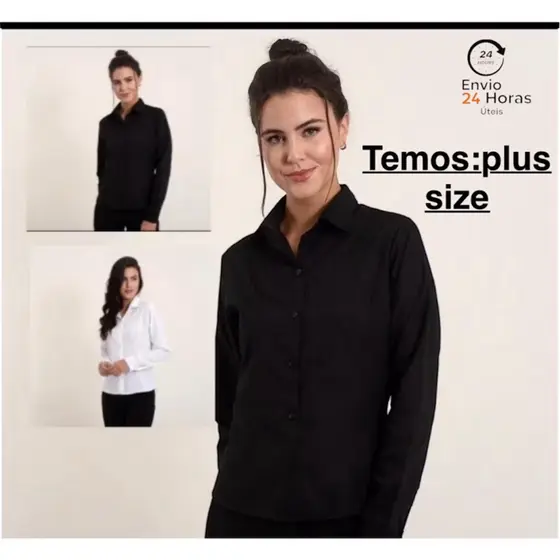 Camisete branca camisa social manga longa feminina gabardine preta e branca passa fácil direto da fábrica.