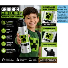 Garrafa Squeeze Infantil Personalizada com Nome Minecraft Creeper Presente Escolar 750ml