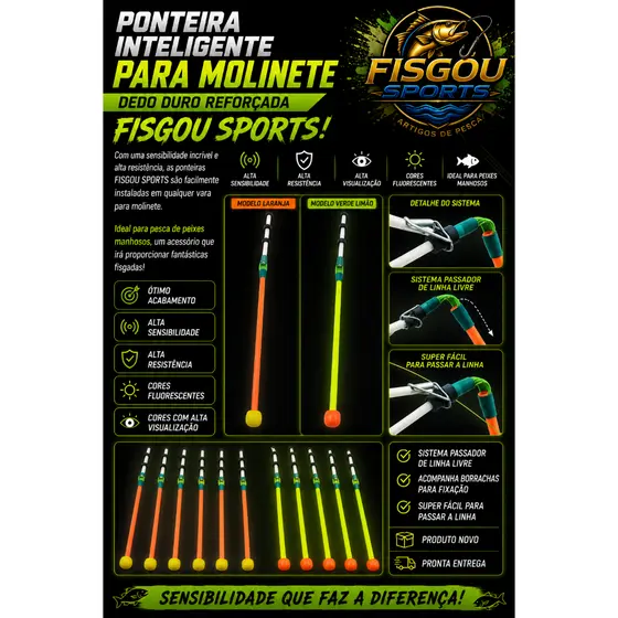 5 Ponteiras Dedo Duro Molinete Fluorescente Pesca Tilápia