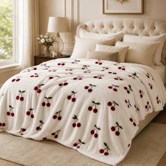 Cobertor Manta Flannel Soft King 2,20 x 2,40 Luxo Estampa Cerejas