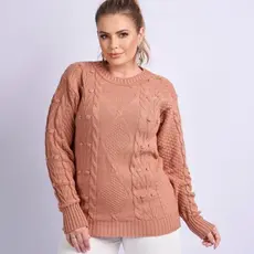 Blusa Feminina Tricot Tamanho Grande Moda Outono/Inverno Manga Longa com Tramas em Aram e Pelotas