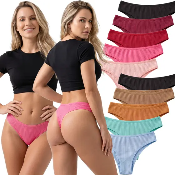 Kit 10 Calcinhas Básica Canelada ou Lisa Algodão Tanga Feminina Dia a Dia Lisa