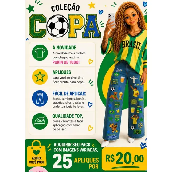 Adesivo exclusivo DTF para a Copa do Mundo no Brasil. | Aplique termocolante em calças, jaquetas, camisas e uniformes