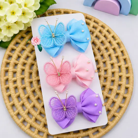 Laços de cabelo Infantil no Bico de Pato com borboleta/kit com 3 unidades Presilha Delicada para Meninas