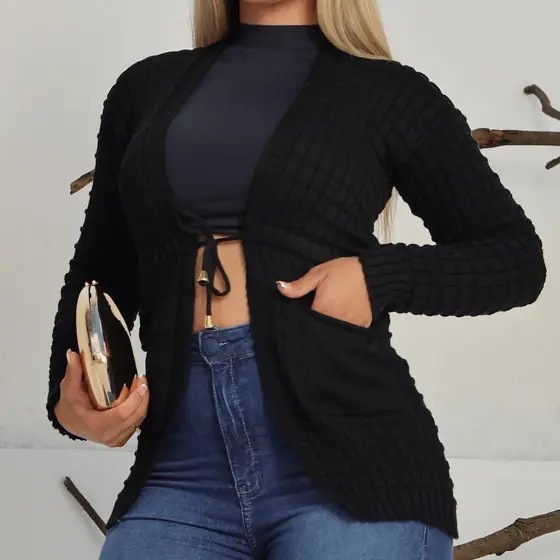 Casaco Feminino Cardigan Tricot Inverno Com Cordao e Bolso Quentinho
