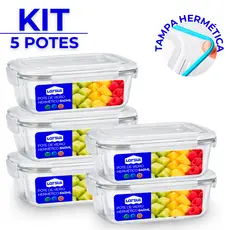Conjunto 5 Potes Vidro Hermético Mantimentos Marmita 640ml