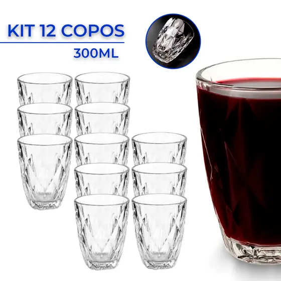 Jogo Até 12 Copos Baixos Diamond 300ml Vidro Grosso Diamante Luxo