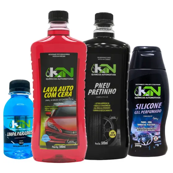 Kit Limpeza Automotiva KN – Pneu Pretinho + Shampoo com Cera + Silicone Gel + Limpa Vidros