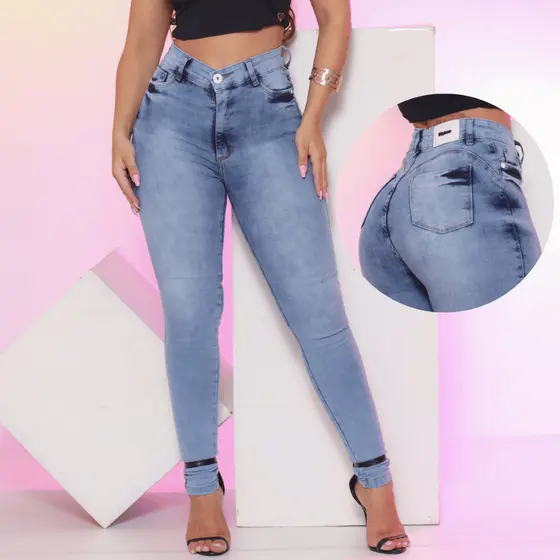Calça Jeans Feminina Marmorizada com Lycra Elastano Cintura Alta Modela bumbum Promoção