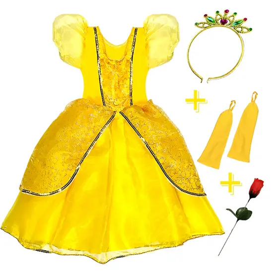 Fantasia Vestido Bela E A Fera Infantil + Rosa Coroa Luvas
