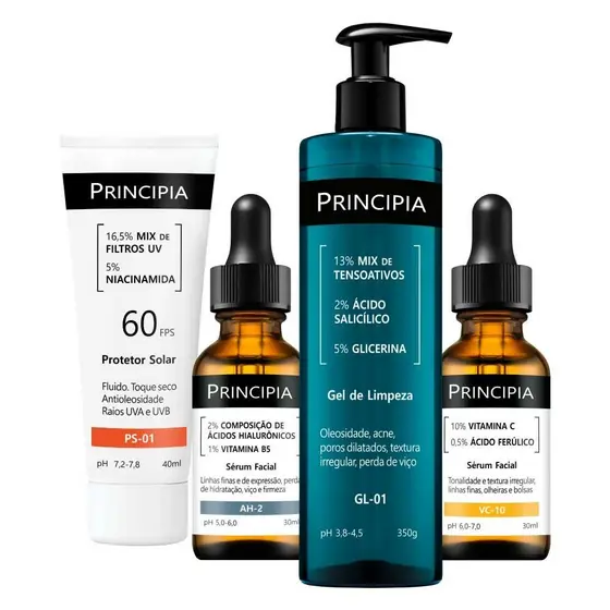 Principia Kit Essencial VC c/ Limpeza GL-01 + Sérum Vitamina VC-10 + Sérum Hialurônicos AH-2 + Protetor Solar PS-01