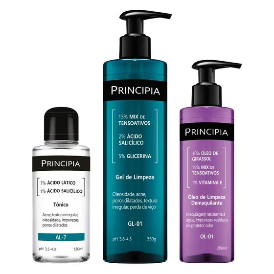 Principia Kit trio Limpeza avançada- Tônico AL-7 + Oleo de limpeza OL-01 + Gel de limpeza GL-01