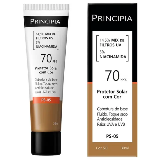 Principia Protetor Solar PS-05 Cor 5.0 c/ 14,5% Mix de Filtros UV + 5% Niacinamida FPS 70 - 30ml