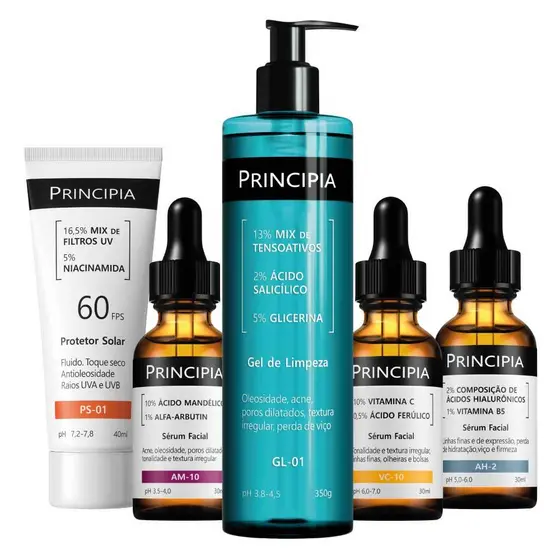 Principia Kit Avançado Pele Luminosa c/ Gel de Limpeza GL-01 + VC-10 + AM-10 + AH-02 + Protetor Solar PS-01 FPS60