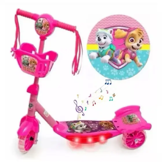 Patinete Infantil Patrulha Canina Rosa 3 Rodas Com Luz Música e Cesta Menina Promoção