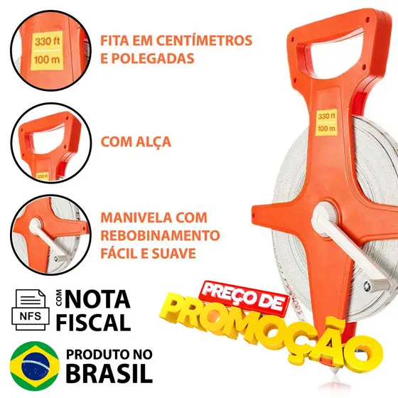 Trena 100 Metros Fita 100m Mt Aberta Fibra De Vidro Flexível Profissional c/ Nfe Alta Qualidade