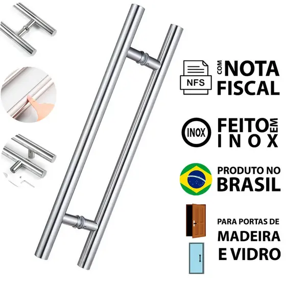 Puxador 45cm Redondo Porta Portão Vidro Madeira Ferro Inox Duplo Maçaneta Polido Brilhante Estiloso