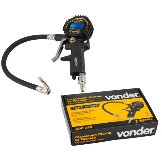 Calibrador Digital Pressão Pneus Vonder 150 PSI LED Mangueira + Chave Válvula Despressurizador