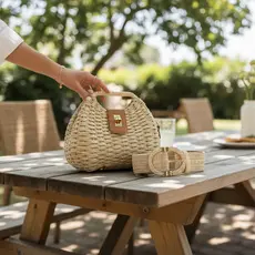 KIT Bolsa Palha + Cinto Elastico Feminino Tendência Verão / Praia / Day Off com Alça Rígida