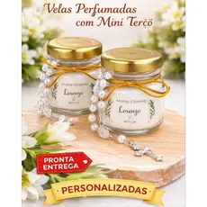 1 Vela Aromática Personalizada com Mini Terço para Batizado