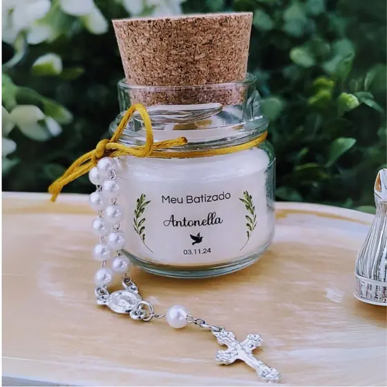 8 Lembrancinhas de Primeira Eucaristia - Mini Terço - Velas Aromáticas em Pote de Vidro Tampa de Rolha