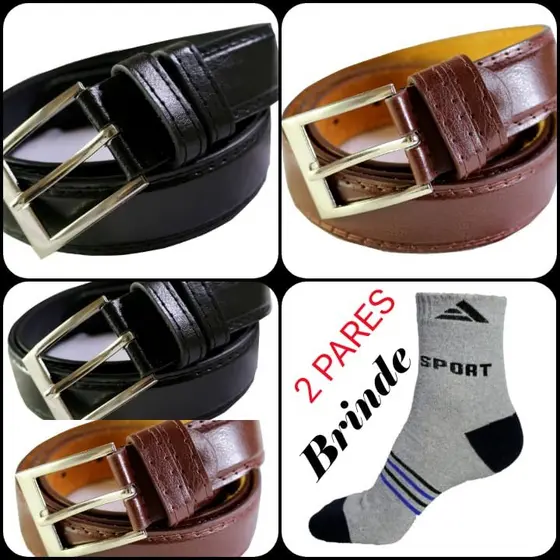 Kit 2 Cinto Masculino Couro Social Casual + 2 Pares de Meia