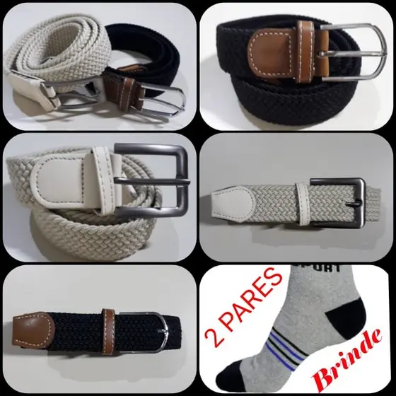 Kit 2 Cinto Masculino Tecido Elástico Trançado + 2 Pares de Meia