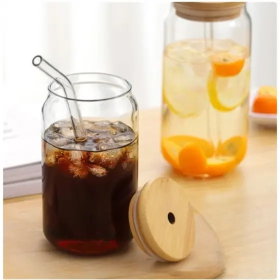 Copo De Vidro Com Tampa De Bambu 20x15,5x8,5 De 500 ML Para Cozinha Prático E Fácil Multiuso universal