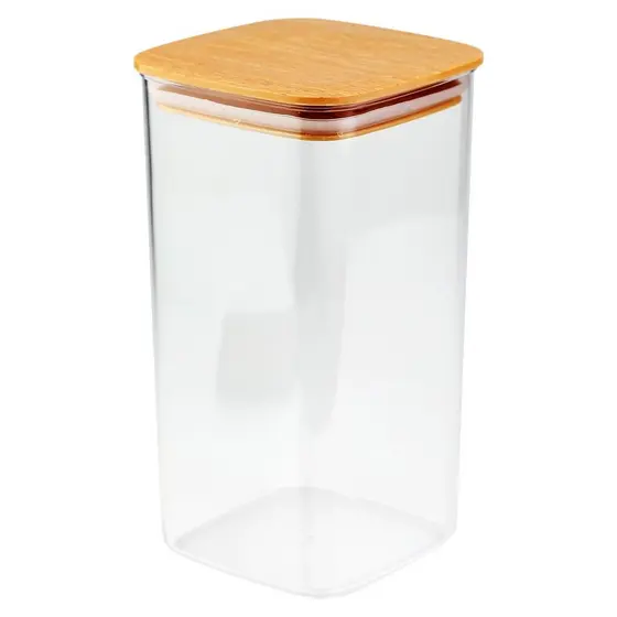 Pote Hermético Quadrado Plástico 1,2 Litros 10 x 10 x 19 cm Tampa de Madeira CK4875 - Clink