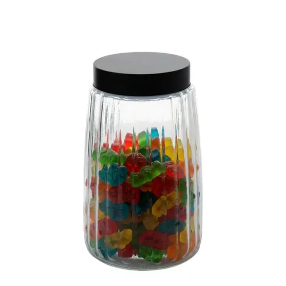 Pote de Vidro Canelado com Tampa Metal Preta 1500ml, Porta Mantimentos de Vidro – Ruvolo