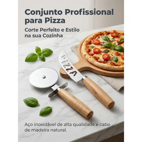 Kit Cortador De Pizza BOLO Em Inox Cabo Madeira