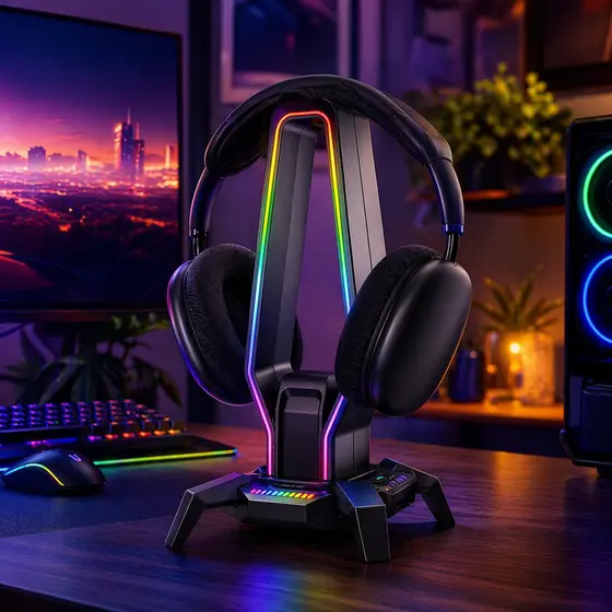 Suporte Headset com Hub USB Tipo C P2 LED RGB Luz Ambiente para Mesa Gamer PC Celular LE-197