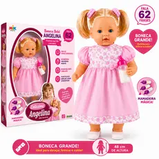 Boneca Angelina Loira Fala 62 Frases + Mamadeira Mágica Brinquedo Menina - Envio Imediato -