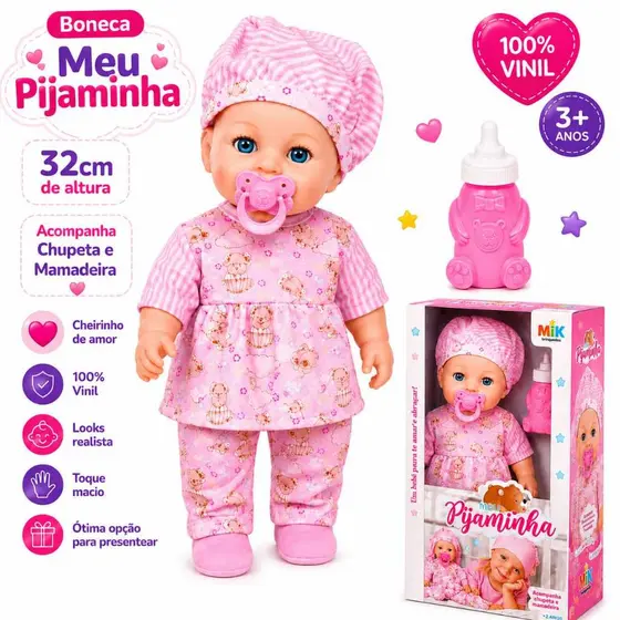 Boneca Bebê Meu Pijaminha Com Mamadeira E Chupeta Menina - Envio Imediato -