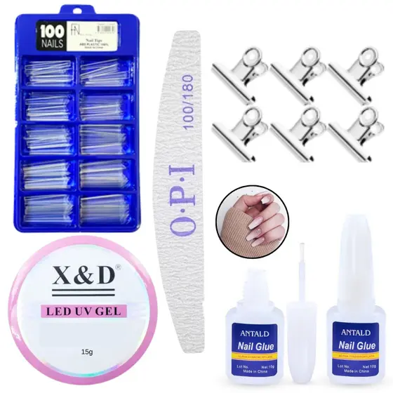 Kit Manicure Alongamento De Unha 100 Tips Postiça Curva C Cola Pincel 1x lixa 100 180 Gel Unha 15ml