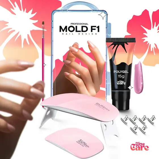 kit polygel Completo Alongamento Unhas Cabine Unha Gel Molde F1 Poligel + Mini Cabine Sun + Pincel