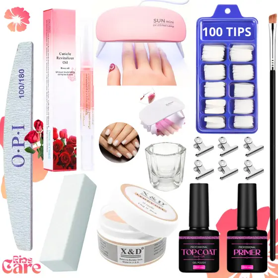 Kit Alongamento De Unha Gel Cabine Estufa Sun Mini 6w Top Coat Primer 100Tips/Acrigel/Porcelana