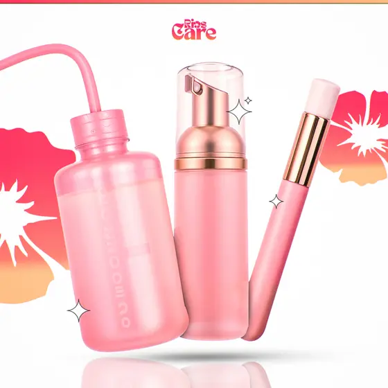 Kit Limpeza Extensão de Cílios Com Pump Espumador Pincel e Pisseta Rosa