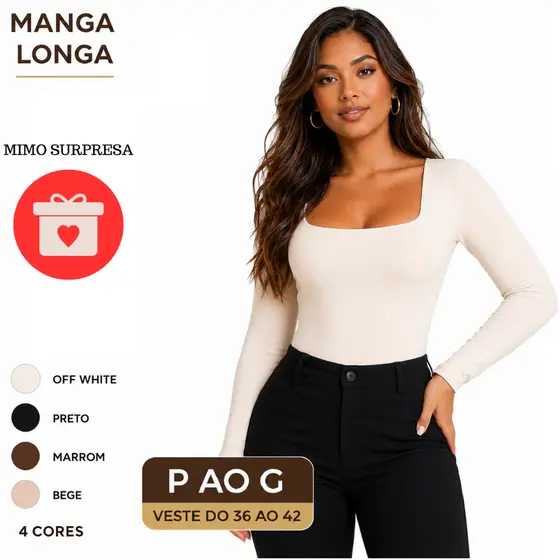 Body Feminino Manga Longa Decote Quadrado Suplex Premium P ao G Veste 36 ao 42 + MIMO SURPRESA