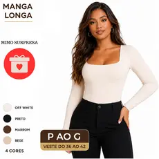 Body Feminino Manga Longa Decote Quadrado Suplex Premium P ao G Veste 36 ao 42 + MIMO SURPRESA