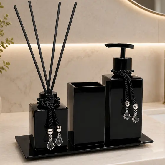 Kit Lavabo Preto Luxo e Moderno Porta Escova Sabonete Aromatizador C/ Bandeja