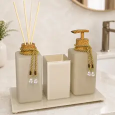 Kit Lavabo Bege Sabonete Líquido C/ Porta Escovas Aromatizador de Ambiente Com Bandeja Luxo