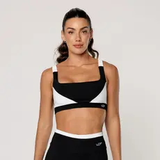Top Academia Feminino Preto com Recorte Off White Alça Larga Feminino Elevate